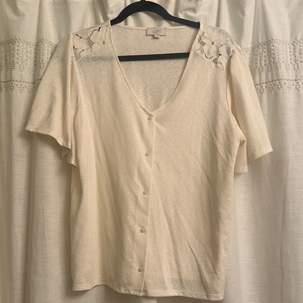 LOFT Cream Button-Front V-Neck Top with Lace Shoulder Detail